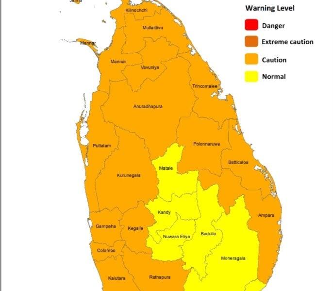 Heat Index at Caution Level in the Northern, North-central, North-western, Western, Sabaragamuwa and Eastern provinces during the day time