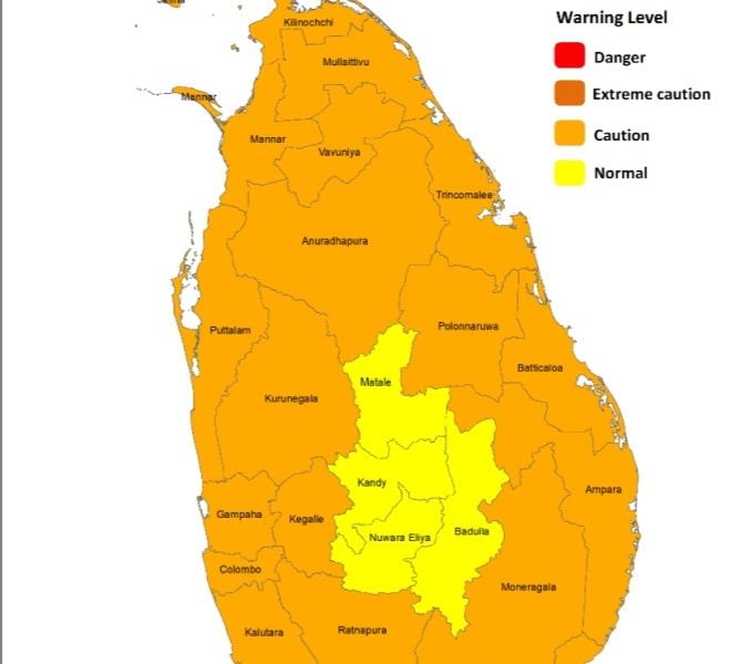 Heat Index at Caution Level in the Northern, North-central, North-western, Western, Sabaragamuwa, Southern, and Eastern provinces and in Monaragala district during the day time