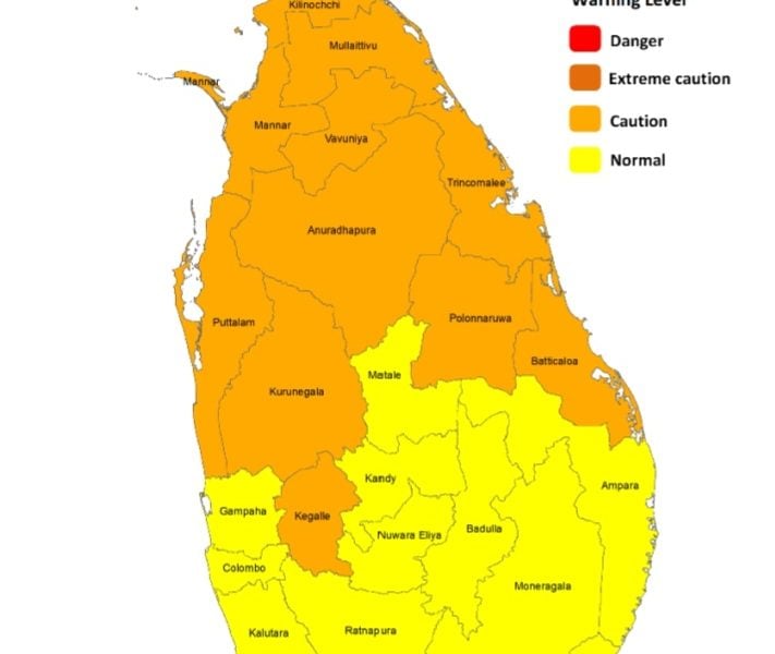 Heat Index at Caution Level in the Northern, North-central and North-western provinces and in Kegalle, Trincomalee and Batticaloa districts during the day time