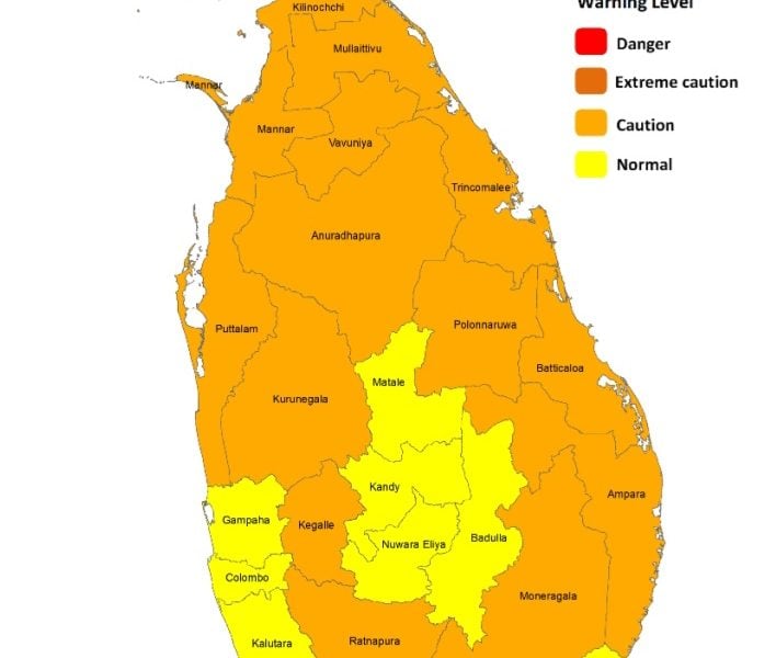 Heat Index at Caution Level at some places in the Northern, North-central, Eastern, Sabaragamuwa and North-western provinces and in Monaragala district during the day time
