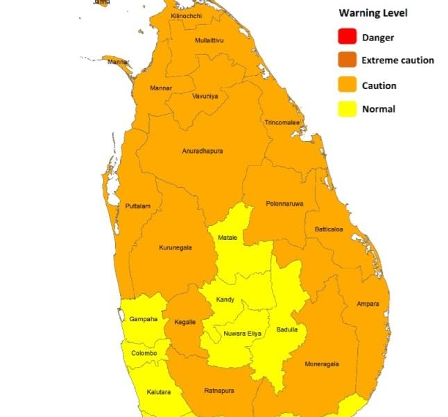 Heat Index at Caution Level in the Northern, North-central, Eastern, Sabaragamuwa, North-western provinces and in Monaragala district during the day time