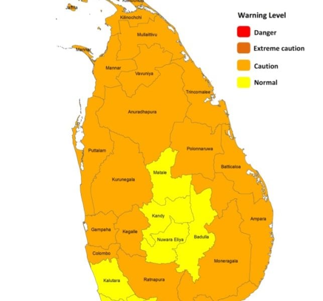 Heat Index at Caution Level in the Northern, North-central, Eastern, Sabaragamuwa and North-western provinces and in Colombo, Gampaha, Hambantota and Monaragala districts during the day time
