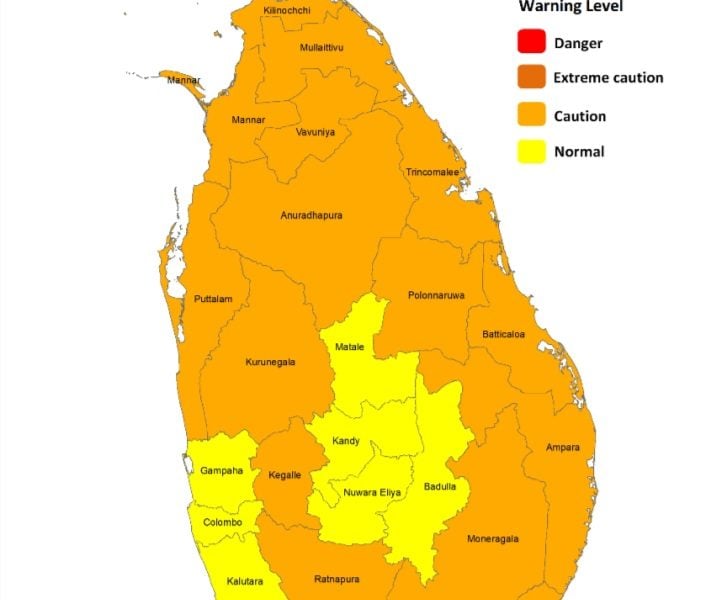 Heat index likely to increase up to ‘Caution level’ in the Sabaragamuwa, Northern, North-central, North-western, Eastern provinces and in Hambantota and Monaragala districts during the daytime