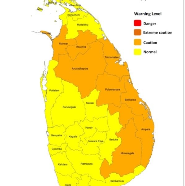 Heat Index is likely to increase up to ‘Caution level’ at some places in the North-central and Eastern provinces and in Mannar, Vavuniya and Monaragala districts during the daytime