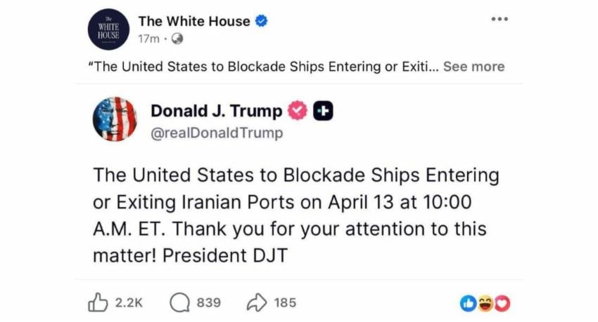 13-04-2026 | 7:37 PMTrump says US to begin naval blockadeThe U.S. military is due to begin a blockade of ships entering or leaving I...