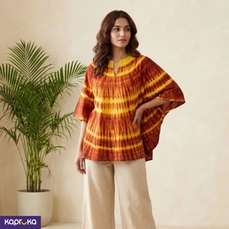 Handcrafted Tie Dye Kaftan In Dark Red And Golden Yellow  Online for none