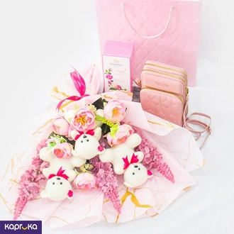 Paradise Bundle For Her with Teddy bunch, artificial roses, Yardley English rose perfume, and cross body purse Buy Gift Sets Online for specialGifts