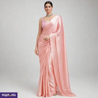 Blush Pink Plain Diamond Satin Silk Saree  Online for none
