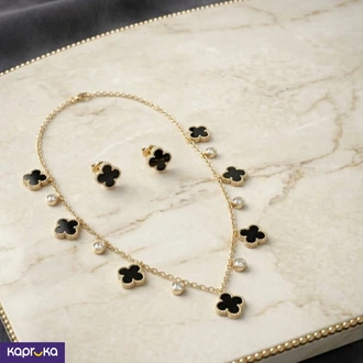 Womens Fashion Jewelry Set Gold Tone Black Clover Necklace And S  Online for none