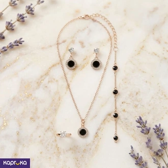 Elegant 4 Piece Round Artificial Black Stone Halo Jewelry Set Gold Colour Tone With Faux Crystal Buy Jewellery Online for specialGifts