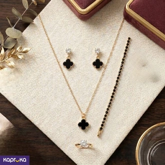 Elegant 4piece Black Clover Jewelry Set Gold Colour Tone With Faux Crystal Buy Jewellery Online for specialGifts