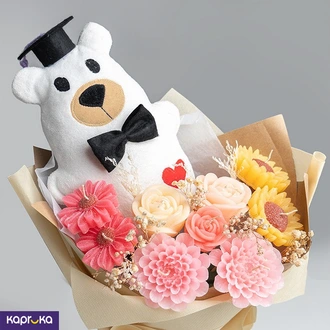 Elegant Achiever Handmade Bear And Scented Candle Flower Bouquet By Giftos Buy Gift Sets Online for specialGifts