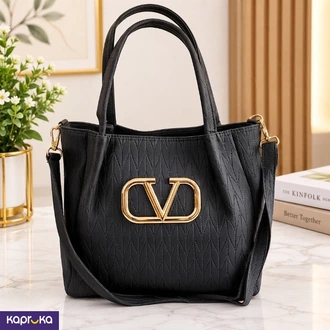 Sophisticated Black Textured Shoulder Bag With Gold Emblem  Online for none