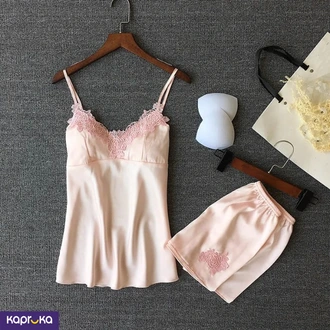 Silk Pajamas Sleepwear Nightgown 2 Pcs Set Beige Color  Online for none