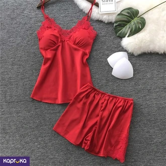 Silk Pajamas Sleepwear Nightgown 2 Pcs Set Red Color  Online for none
