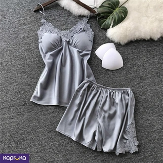 Silk Pajamas Sleepwear Nightgown 2 Pcs Set Silver Colors  Online for none