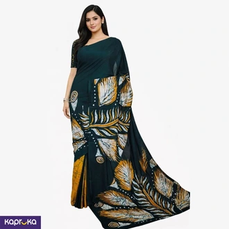 Elegant Dark Green Batik Cotton Saree With Mustard And White Artistic Leaf Design Buy Clothing and Fashion Online for specialGifts