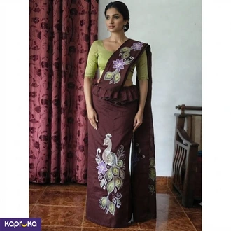 Linen Rich Brown Embroidery Kandyan Osari Saree Sri Lanka  Online for none