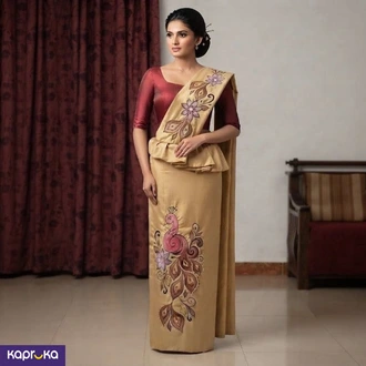 Linen Golden Beige Colour Embroidery Kandyan Osari Saree Buy KKY Batik Online for CLOTHING