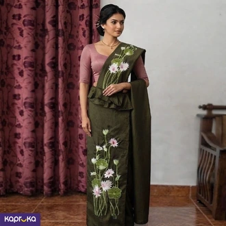 Linen Olive Green Colour Embroidery Kandyan Osari Saree Buy KKY Batik Online for CLOTHING