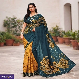 Handmade Cotton Batik Saree Sri Lanka - Teal n Mustard  Online for none
