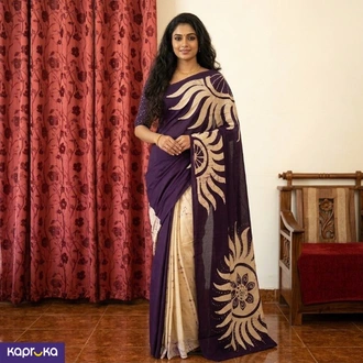 Elegant Deep Purple And Cream Colour Handmade Cotton Batik Saree Buy Clothing and Fashion Online for specialGifts