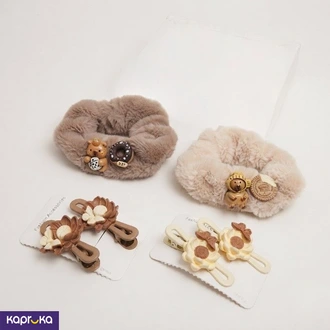 Teddy Bear Faux Fur Scrunchies And 3d Flower Hair Clips Set  Online for none