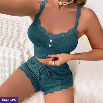 Ladies 2 Piece Lace Short With Threaded Pajamas Set  Online for none