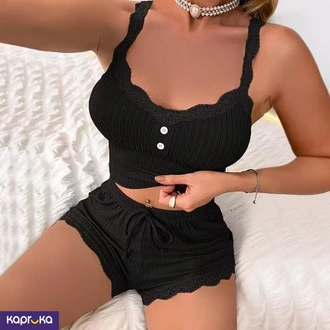 Ladies 2 Piece Lace Short With Threaded Pajamas Set  Online for none