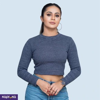 Striped Long Sleeve Stretch Crop Top Buy D-Fender Online for CLOTHING