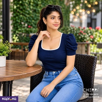 Ss Puffed Contrast Neck Deep Neck Top  Online for none