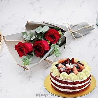 Red Velvet Cake And Bunch Of 3 Red Roses Buy uae Online for specialGifts