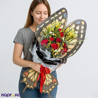 Garden Symphony Floral Cascade Bouquet With 4 Roses  Online for none