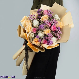 Peach Pink Rose Harmony Bouquet With Purple Buttons  Online for none