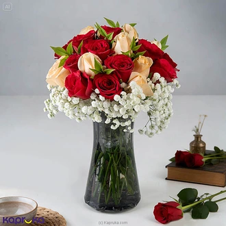 Blushing Love Valentine Rose Arrangement - 20 Red 10 Peach Roses  Online for none