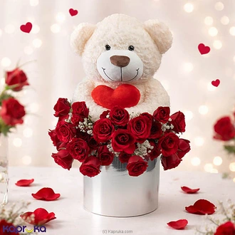 Valentine?s Kiss Me Petals ? 40 Red Roses With Teddy Buy valentine Online for specialGifts