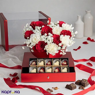 Sweet Valentine Love Box ? 6 Red Roses, White Carnations  Heart Chocolates Buy Flower Delivery Online for specialGifts