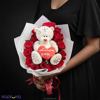 Valentine Love Bouquet With 14 Red Roses  Snowy Love Hug Teddy Buy Flower Delivery Online for specialGifts