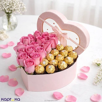 Pink Heart Box Arrangement With 15 Pink Roses  Ferrero Rocher Chocolates Buy Flower Delivery Online for specialGifts