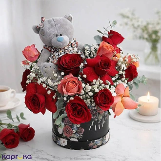 Pink  Red Roses With Teddy In Elegant Cylinder Flower Vase Buy Flower Delivery Online for specialGifts