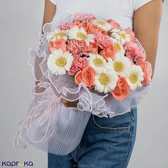 Peach  Pink Bloom Mix Gerbera Carnation  Roses Bouquet Buy Flower Delivery Online for specialGifts