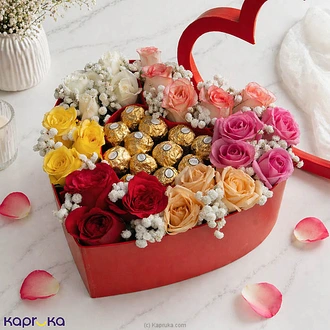Luxury Heart Box With Multicolor Roses And Ferrero Rocher For Mo  Online for none