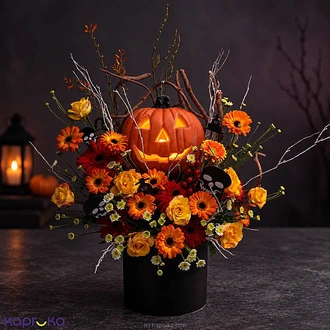Pumpkin Spell Halloween Flower Arrangement With 10 Orange Gerberas  8 Yellow Roses  Online for flowers