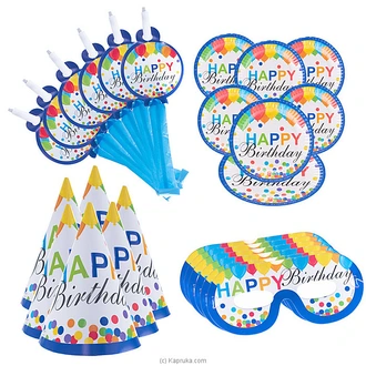 4 In 1 `Blue` Birthday Celebration Pack With Eye Masks, Paper Cups, Hats, Plates And Blowout Whistles 0832064 Buy party Online for specialGifts