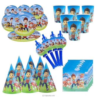 5 In 1 Paw Petrol Birthday Decorations With 6 Plates, Cups, Hats Napkins And Blow Outs WhistlesAJ0329 Buy party Online for specialGifts