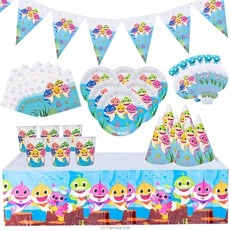7 In 1 Baby Shark Birthday Decorations  With Birthday Flags, 6 Hats, Plates , Napkins, Blow Outs Whistles And Table Cloth- AJ0571 Buy party Online for specialGifts
