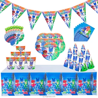 7 In 1 PJ Mask Birthday Decorations  With Birthday Flags, 6 Hats, Plates , Napkins, Blow Outs Whistles And Table Cloth AJ0501 Buy party Online for specialGifts