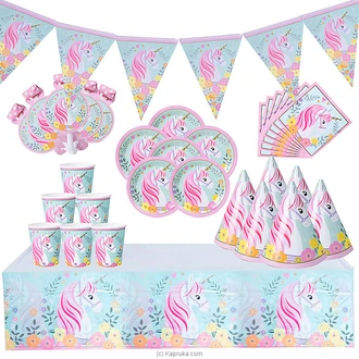 7 In 1 Unicorn Birthday Decorations  With Birthday Flags, 6 Hats, Plates , Napkins, Blow Outs Whistles And Table Cloth AJ0573 Buy party Online for specialGifts