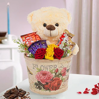 Teddy Treats Choco Set Arrange With Cuddly Teddy And Silk Flowers  Online for none