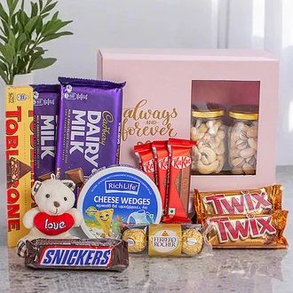 Always  Forever chcolate with goodies hamper Buy valentine Online for specialGifts